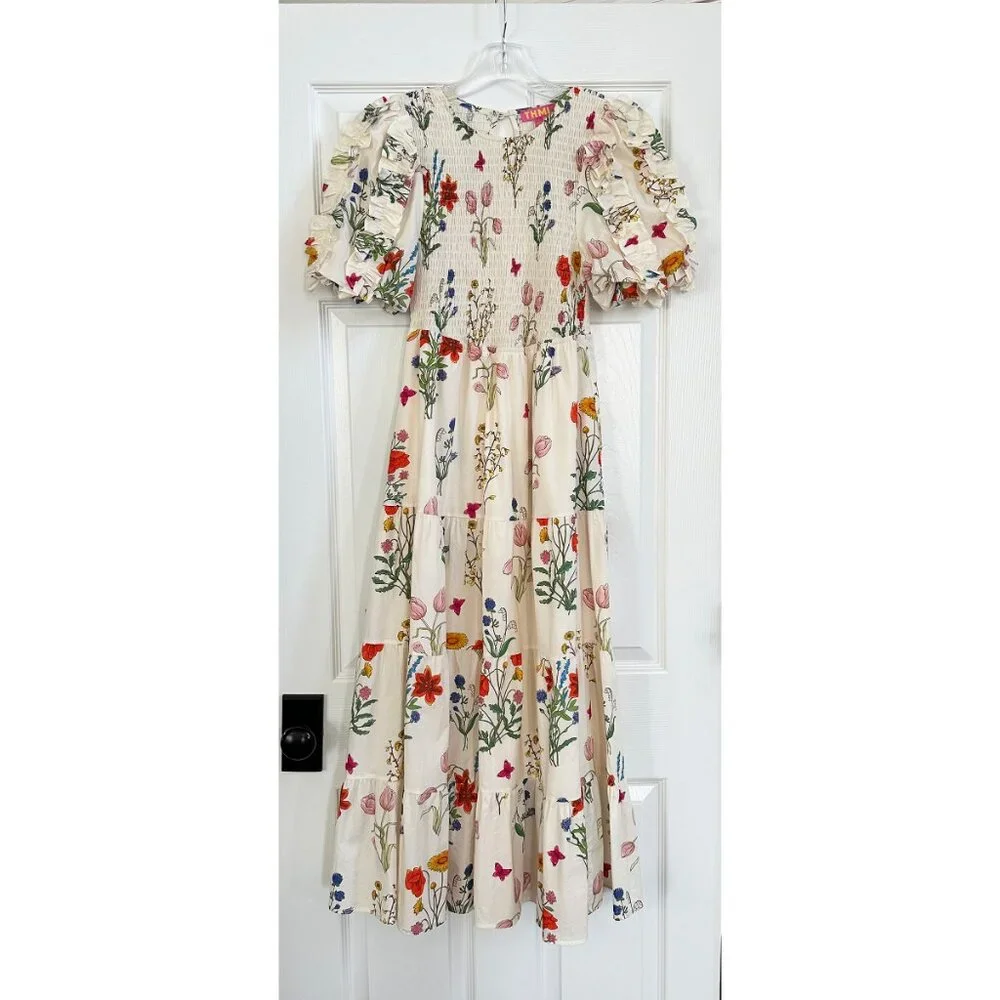 THML Ivory Floral Puff Sleeve Smocked Dress - Small - Picture 3 of 11